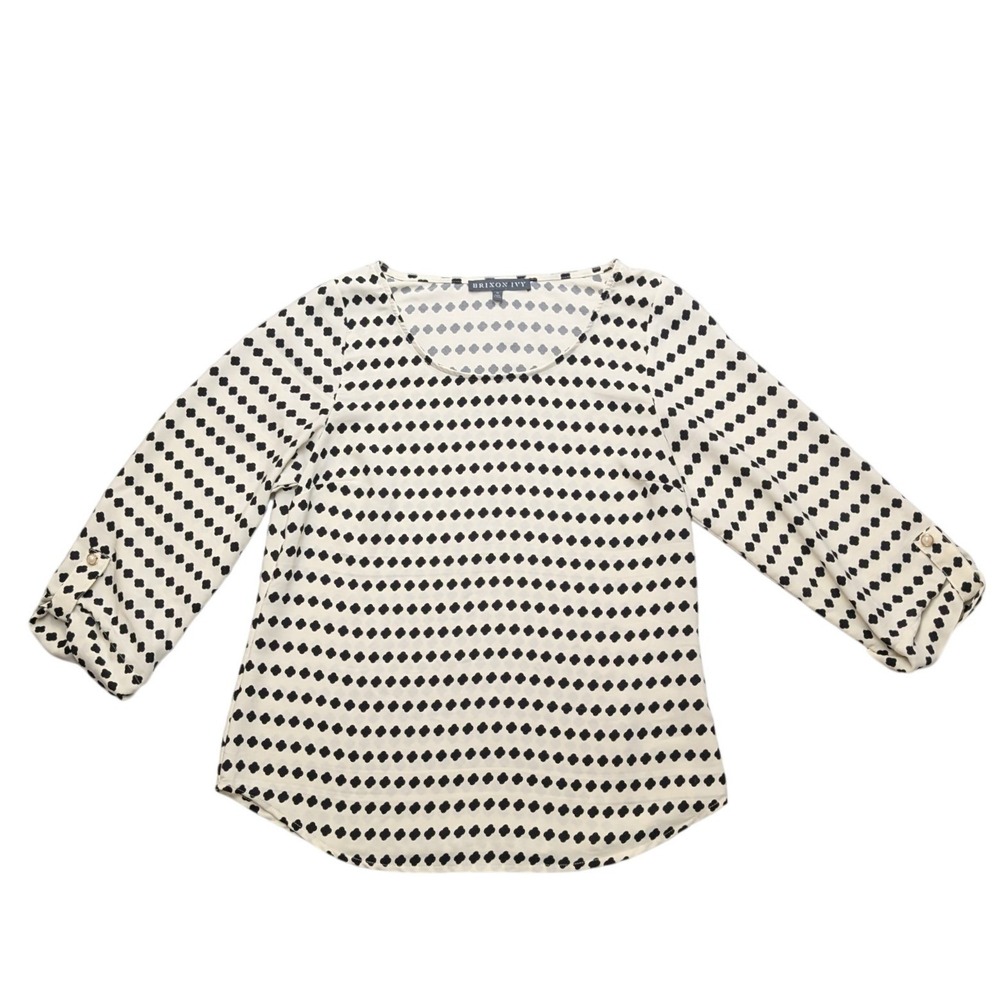 Brixon‎ Ivy Blouse Women Medium Cream Black Clover Print 3/4 Button Tab Sleeve